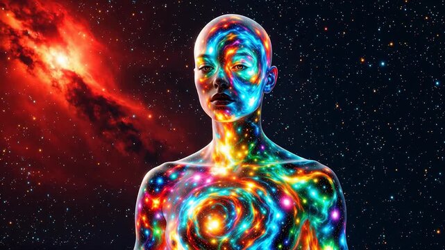 Human figure with cosmic patterns