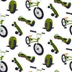 Flat seamless pattern with green bicycle, skateboard, hoverboard and monowheel. Eco-friendly city transport and active lifestyle background for sport textile or wallpaper. seamless texture graphics © Svetlana