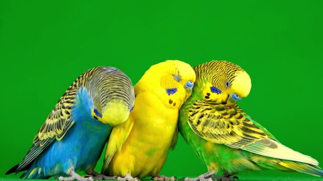 Three vibrant budgerigars, in striking blue, yellow, and green, peacefully rest side-by-side against a vivid emerald backdrop, highlighting their beautiful plumage and tranquil demeanor