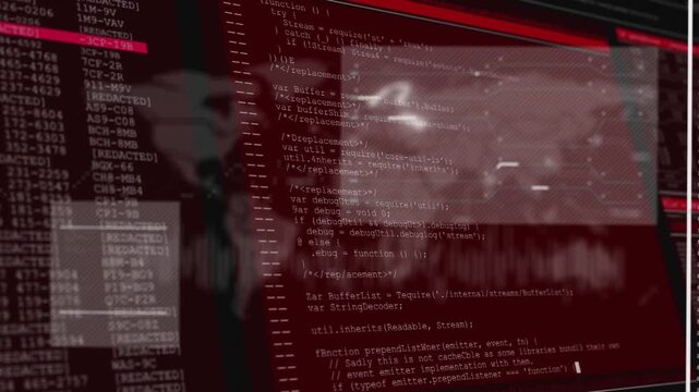 UI receiving data feed, shifting map, scrolling code, pulsing waveform, aiding security ops