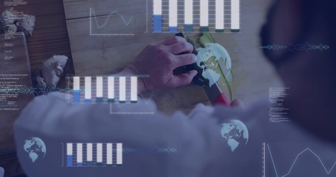 Culinary chef starting cut, steadying and slicing vegetable on board, data charts overlaying hands
