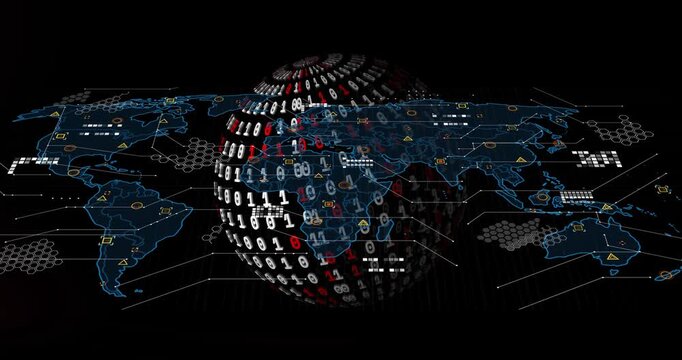 Opening 3D data visual showing rotating binary-digit globe aligning with world map displaying HUD