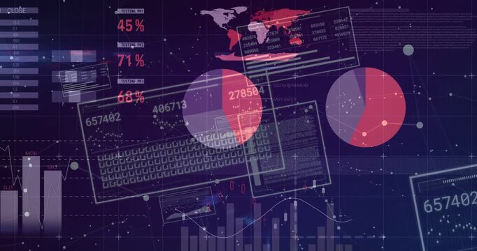 Starting animation sequence, data dashboard reconfiguring on purple grid, updating panels and IDs