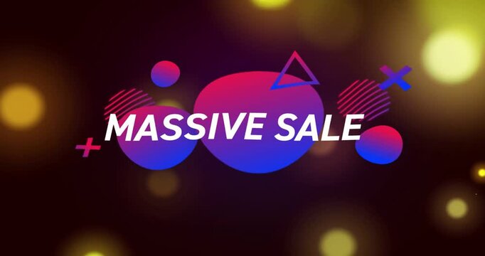 Vertical video: Letters moving from left revealing MASSIVE SALE on canvas with blobs and bokeh