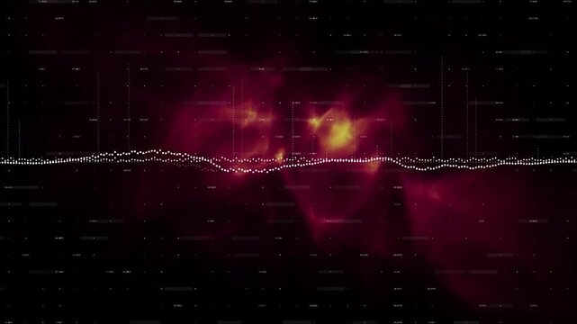 Reacting to signal, white dotted waveform forming peaks over dark starfield with nebula flares