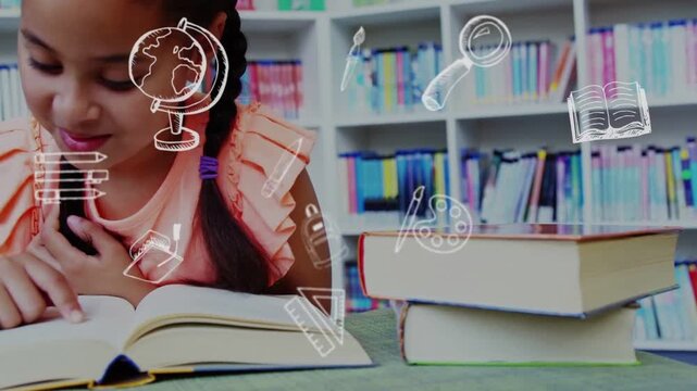Vertical video: Girl tracing book page in library, finger motion making doodles highlight learning