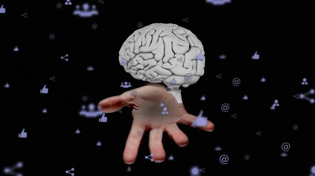 Right hand rising, supporting rotating brain amid social media icons, showing network influence