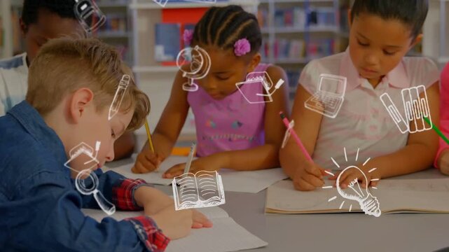 Students writing at table in school, camera shifting, doodle icons floating over pages for learning