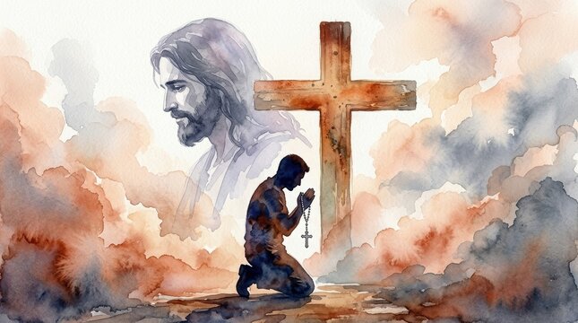 Christian Man Praying in Front of Cross with Jesus Silhouette, Digital Watercolor Painting