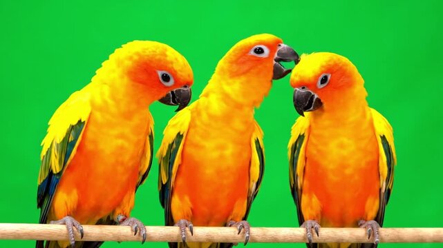 Three vibrant sun conure parrots perched on a branch against a bright green background, showcasing their colorful plumage
