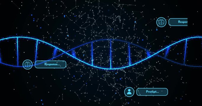 Glowing double helix responding to prompt bubble appearing, oscillating and visualizing data flow