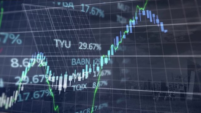 Animating 3D grid sweeping in, showing market charts over rooftop with tilted solar panel, tickers