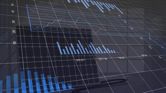Camera tilting revealing 3D grid overlay animating bars, rotating donut, lines above laptop, pens