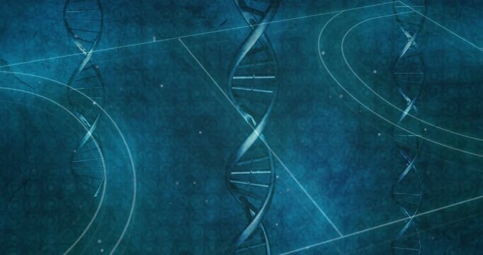 Animating central DNA double helix rotating and glowing on teal backdrop, arcs and side helices