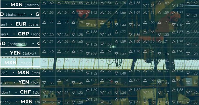 Live market feed updating finance grid over glazed workshop, numbers shifting triangles flipping