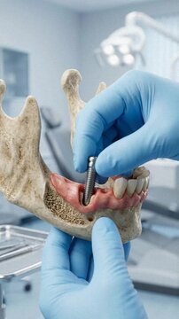 Close-up of a dental professional demonstrating implant surgery on a jaw model in a sterile dental office.