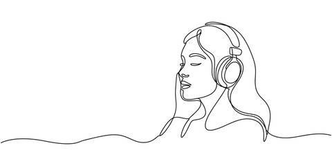 Continuous one line drawing of Young woman listens to music. DJ girl with earphones. Lifestyle teeanager clipart. Spending free time, rest. Leisure activity.