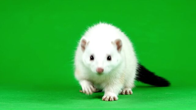 A curious white ferret with a black tail explores its surroundings on a bright green backdrop, showcasing its playful and inquisitive nature
