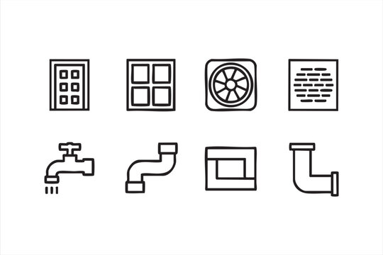 Plumbing and ventilation icons with pipes faucet air vent and window in clean outline style for home maintenance design