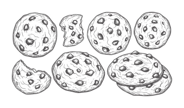 Hand drawn chocolate chip cookies in various states of wholeness food baked