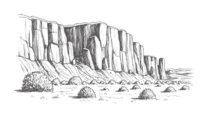 Of a vast desert landscape with towering rock formations and sparse vegetation cliff © Md