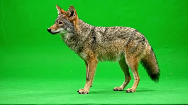 A wild coyote stands alert on a vibrant green screen background, showcasing its fur and canine features in a professional studio shot