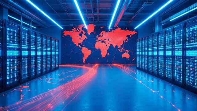 Server room with world map display