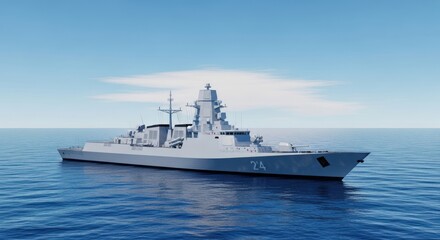 Obraz premium A large, imposing warship with a sleek, angular design and a towering superstructure, navigating the open sea under a clear blue sky.