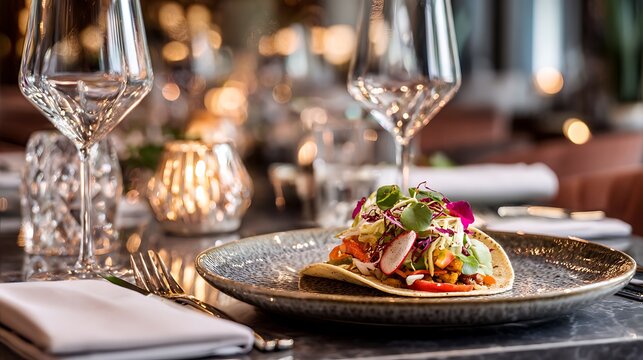 A refined gourmet taco arranged with delicate ingredients as the main subject, placed on a polished ceramic plate on a fine dining table with crystal glassware and elegant table linen nearby, warm amb