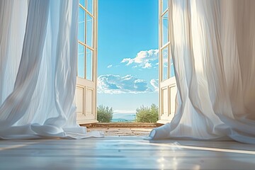 Fototapeta premium Title: White curtains elegantly swaying in the breeze from an open window