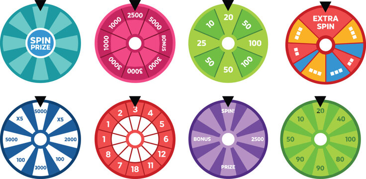 Colorful set of wheel of fortune lottery wheels for gambling and prize games isolated on white background flat vector illustration.