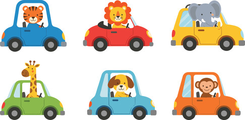 Cute cartoon animals driving colorful cars collection with tiger lion elephant giraffe dog and monkey characters, fun kids transportation illustration for children design © MdHarunur