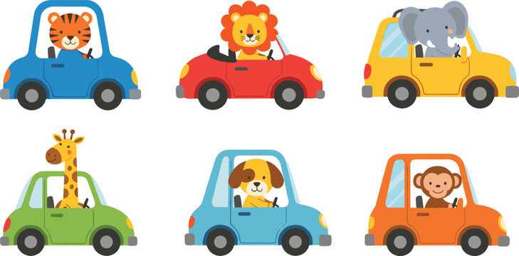 Cute cartoon animals driving colorful cars collection with tiger lion elephant giraffe dog and monkey characters, fun kids transportation illustration for children design