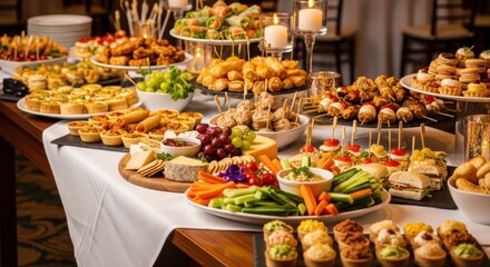 Obraz premium A vibrant and eclectic food spread, featuring a variety of dishes and snacks, set against a backdrop of elegant tables and sophisticated decor.