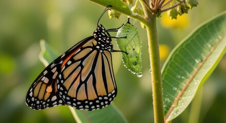 Obraz premium A monarch butterfly perches on a green leaf, its wings spread wide as it drinks nectar from a flower.