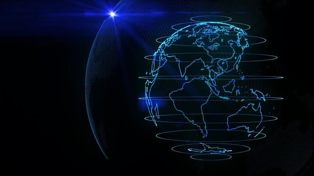 News Template intro for TV broadcast news show program against the global spinning earth. News background full screen blue world map earth globe animation lighting