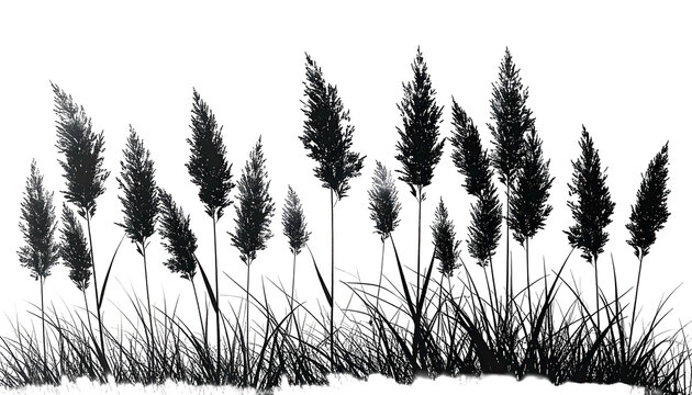 Silhouetted field of tall grasses with feathery plumes against a transparent backdrop