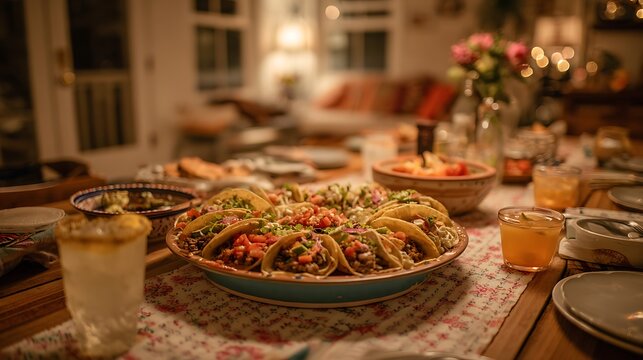 A vibrant platter of tacos filled with colorful ingredients as the main subject, placed at the center of a cozy family dining table surrounded by casual dishes, drinks and warm home d&eacute;cor suggesting a