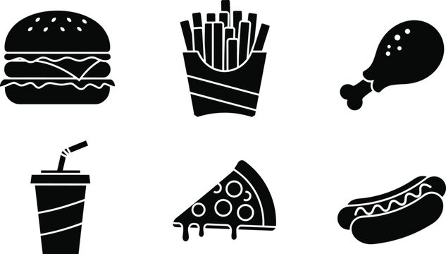 Fast food silhouette icon collection with burger, french fries, fried chicken leg, pizza slice, hot dog and soda drink black vector isolated