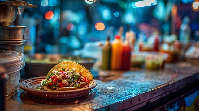 A vibrant taco filled with colorful ingredients as the main subject served on a small plate at a lively vendor station with cooking equipment and condiments around, bright street stall lighting creati