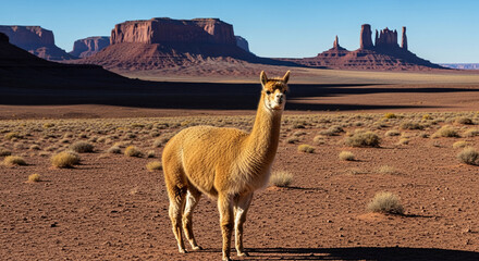 Fototapeta premium Light brown llama in a desert landscape with towering red rock formations under blue sky, representing wilderness and unique arid beauty