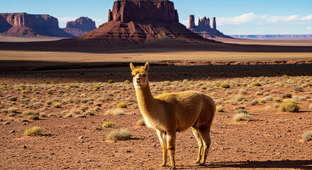 Fototapeta premium Brown llama standing in a vast red desert landscape with sandstone mesas under a blue sky, symbolizing wild nature, travel, and a serene wilderness encounter