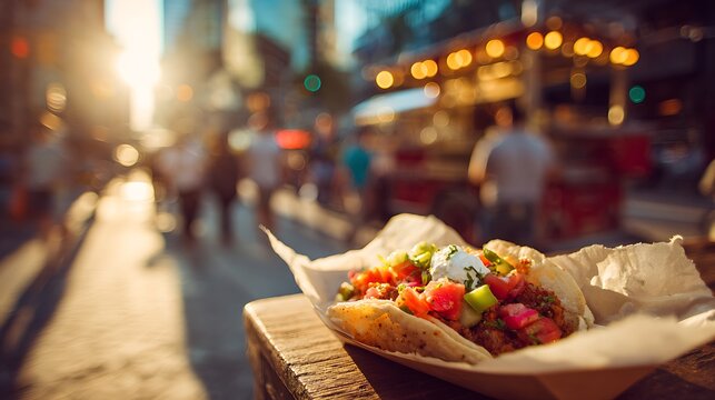 A vibrant taco filled with fresh toppings as the main subject resting on simple paper wrap near a busy city sidewalk food cart with blurred pedestrians and street signs behind, natural late afternoon 