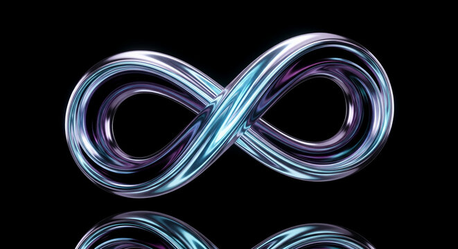 Glossy metallic infinity symbol with blue-purple reflections on black background, symbolizing eternity and unlimited possibility, with free space for text or design