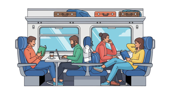 Passengers traveling by train, reading, working on laptop, and relaxing in carriage.