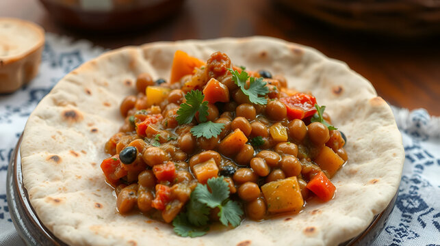 Ethiopian lentil stew (misir wot) with vegetables served on injera bread