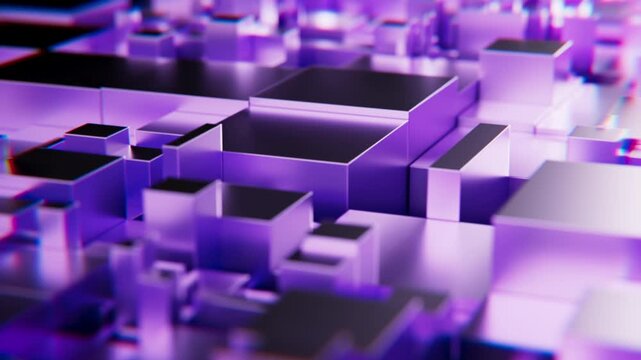3D cubes in dynamic arrangement with purple colors and seamless motion across the surface