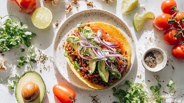 A vibrant taco packed with vegetables, avocado and grains as the main subject, set on a bright white table with colorful ingredients scattered naturally around the plate, bright natural daylight enhan