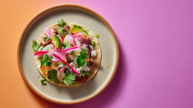 A vibrant taco resting at the center of a plain ceramic plate as the main subject on a seamless background with abundant negative space, soft natural-style studio lighting creating a bright and airy a