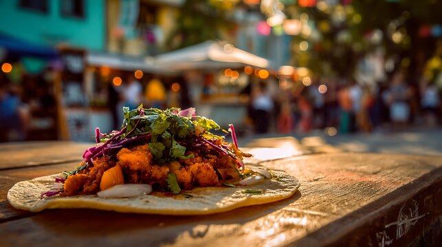 A vibrant taco with colorful toppings as the main subject positioned on a small festive table at a lively street celebration with bright decorations and food stands nearby, warm festival lighting crea